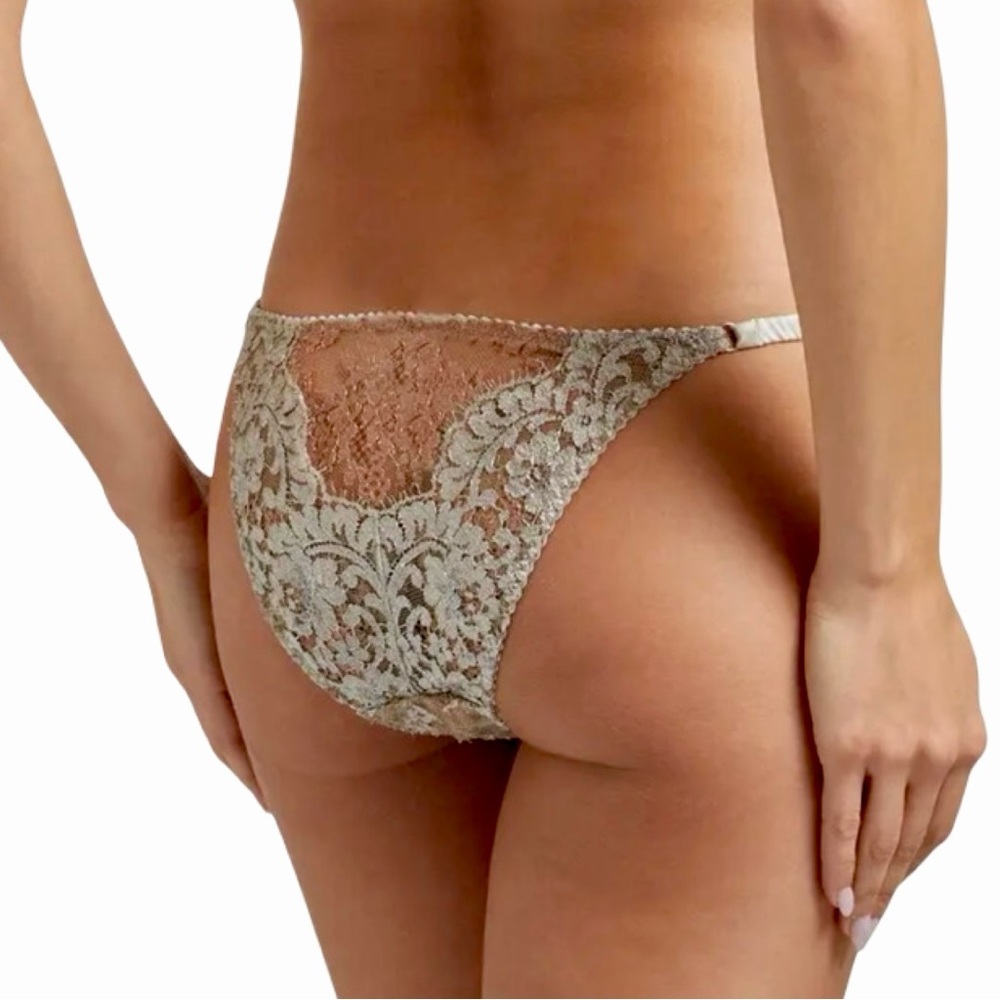 NWT AGENT PROVOCATEUR Lorelli Lace Silk Bikini Briefs Rose Gold Silver AP Size 3 - Picture 2 of 16
